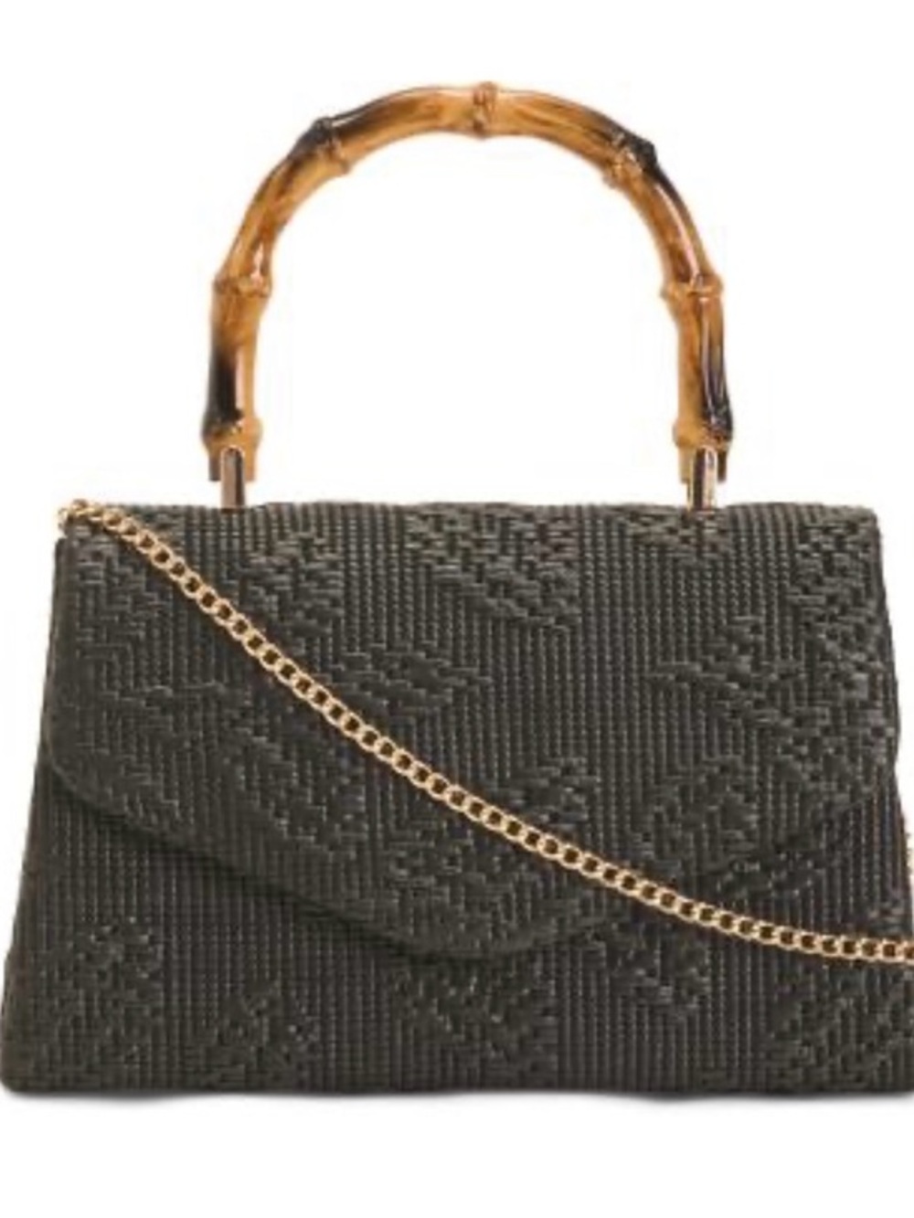 Woven Black Satchel with Bamboo-Style Top Handle and Gold Chain